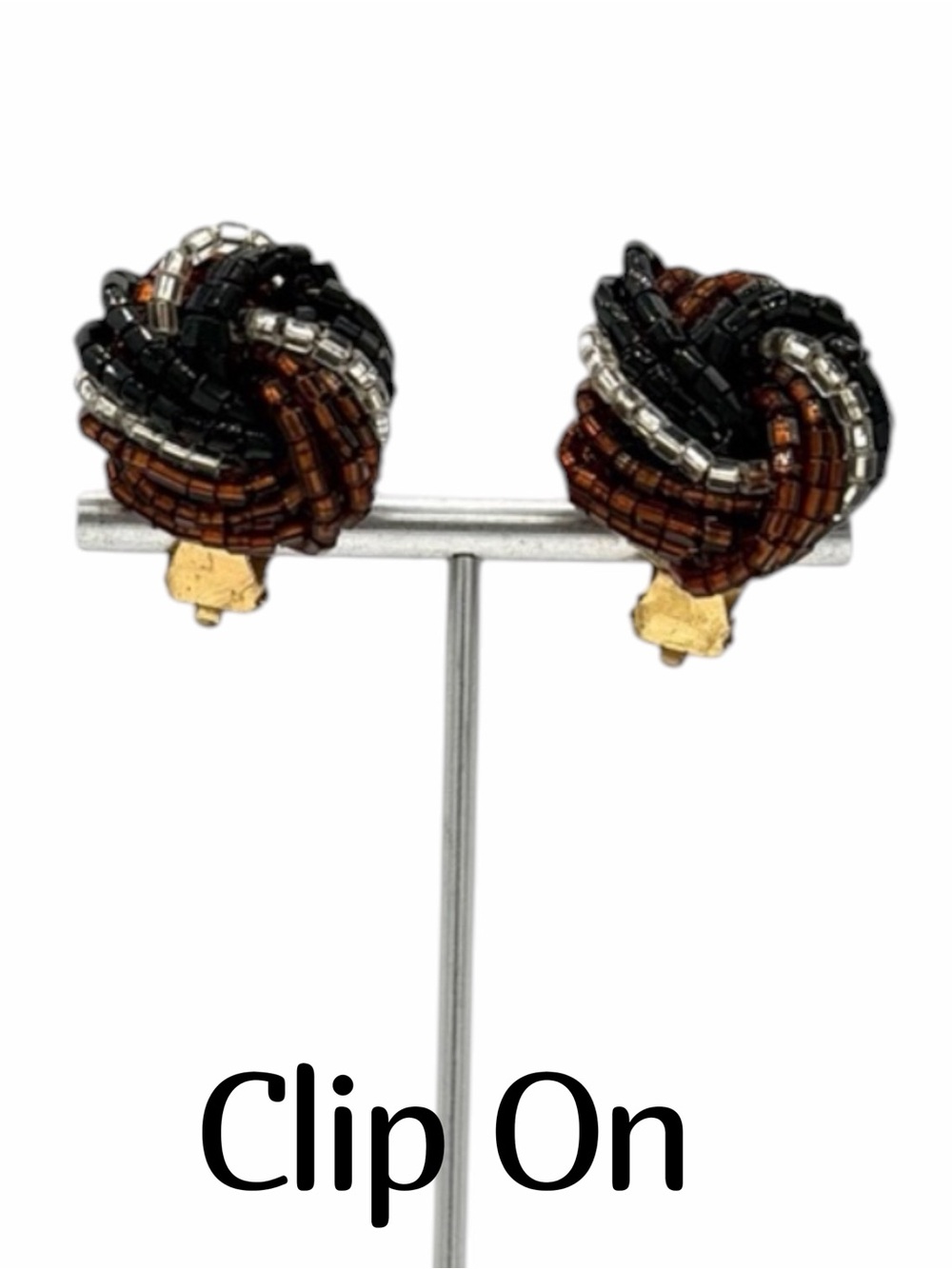 Vintage 60s-80s Glass Beaded Clip On Earrings Woman’s Jewelry Amber Black Silver